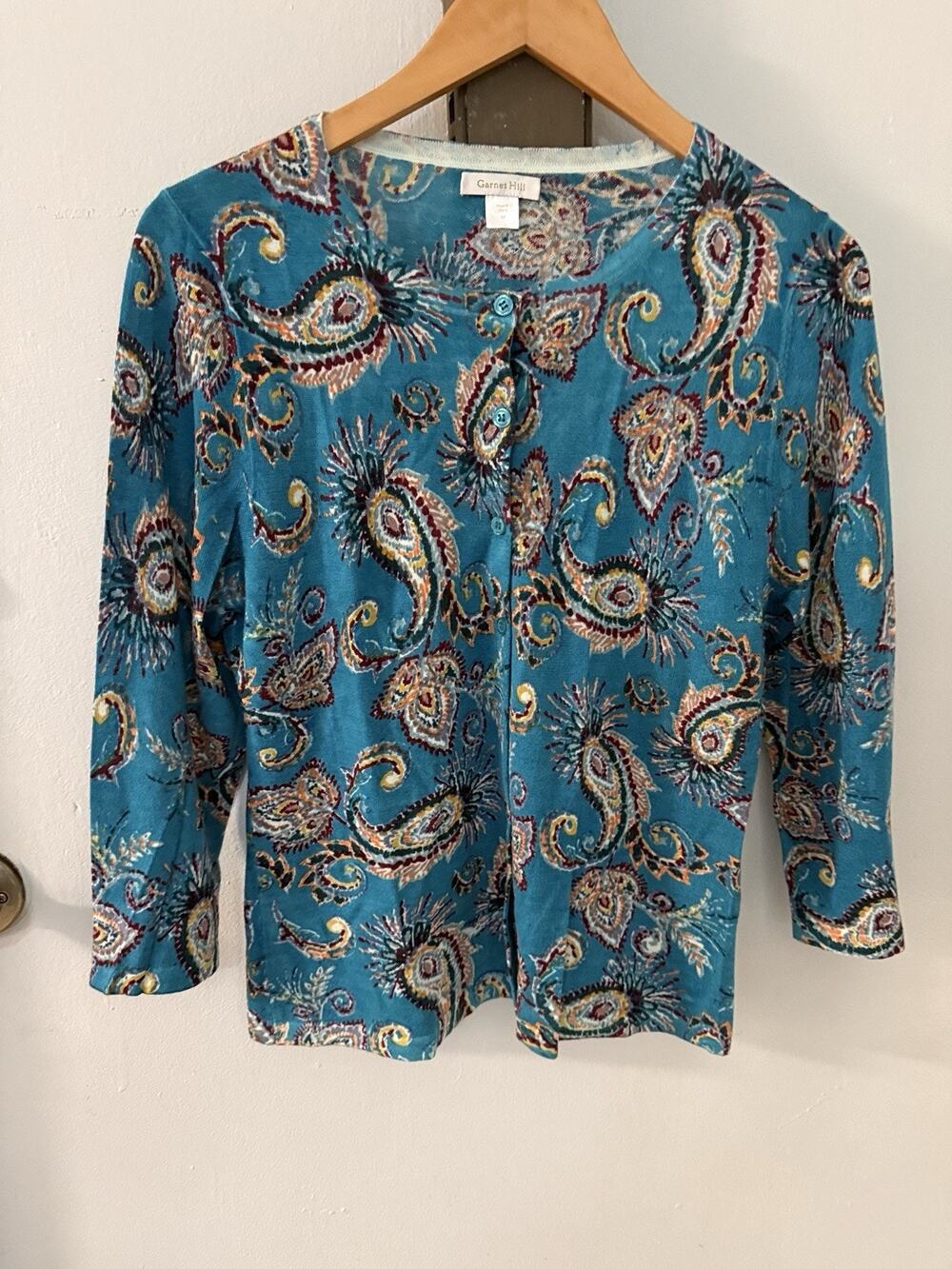 Garnet Hill blue paisley print 100% Merino Wool lightweight cardigan Women’s Med